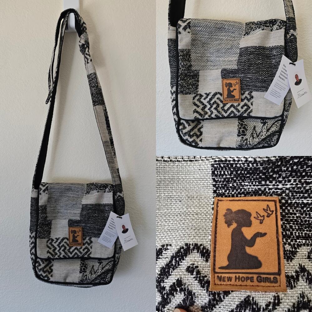 NWT New Hope Girls Crossbody Messenger Bag Adjustable Hobo Patchwork Black White
